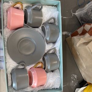 New Gray and Pink Tea Set with Gold Handles